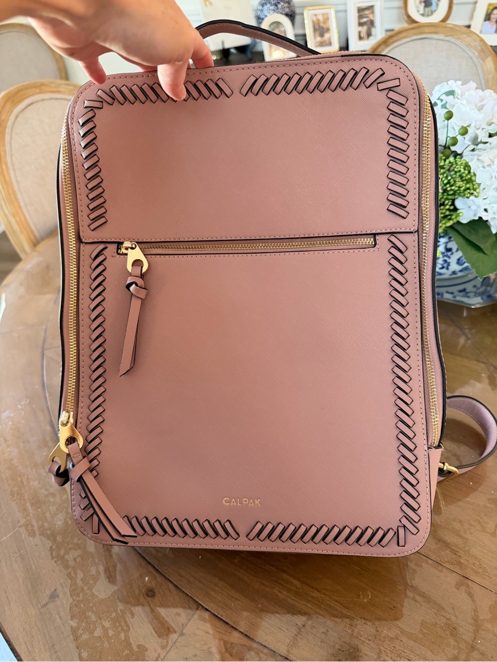 Calpak Dusty Mauve Leather Backpack with Woven Trim